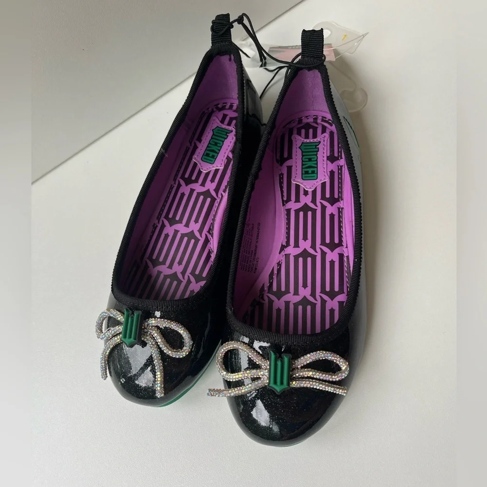 Wicked Black + Purple Ballet Flats Girls Size 9 with faux diamond bow +logo
